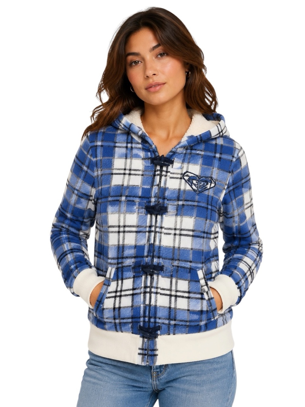ROXY: Gingham Pattern Sherpa Zip-Up Hooded Jacket - Size Large